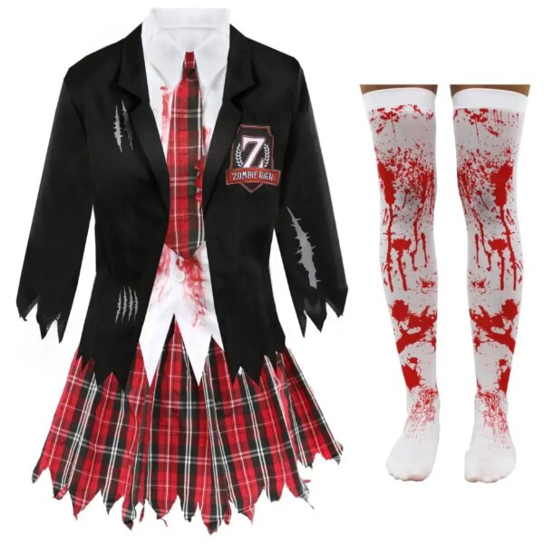 Ladies Zombie Schoolgirl Costume & Stockings | Scary Halloween Outfit with Bloody Shirt, Blazer & Tartan Skirt