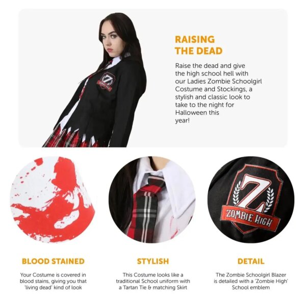 Ladies Zombie Schoolgirl Costume & Stockings | Scary Halloween Outfit with Bloody Shirt, Blazer & Tartan Skirt