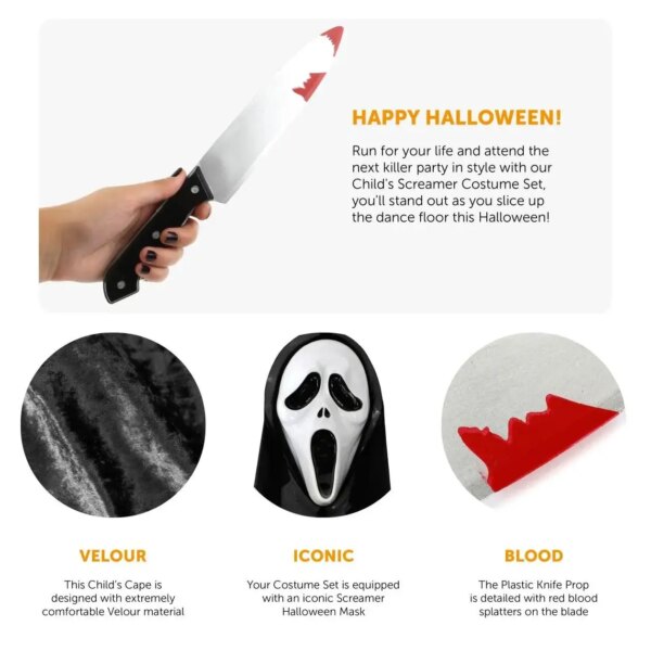 Child Screamer Costume Set for Halloween with Mask & Knife Prop