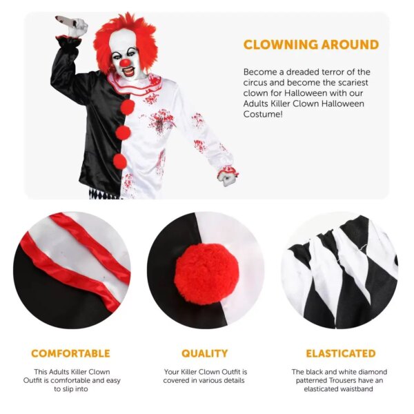 Adults Killer Clown Costume – Scary Halloween Circus Outfit