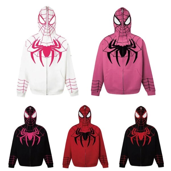 Y2K Harajuku Spiderman Hoodie – Embroidered Zip Up Streetwear