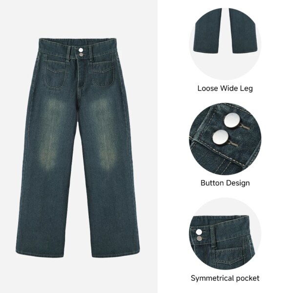 Vintage Blue High Rise Wide Leg Jeans Loose Straight Jeans Wide Leg Pants