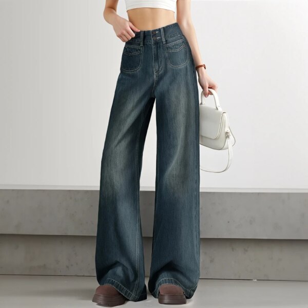Vintage Blue High Rise Wide Leg Jeans Loose Straight Jeans Wide Leg Pants