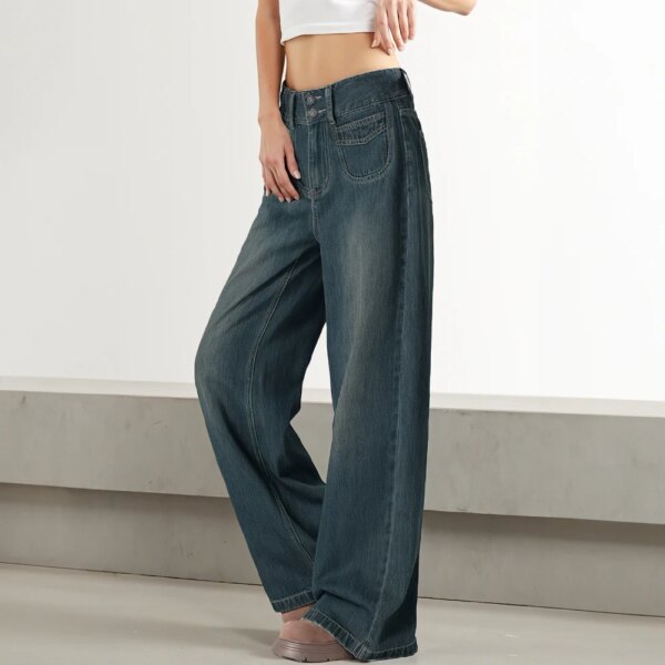 Vintage Blue High Rise Wide Leg Jeans Loose Straight Jeans Wide Leg Pants